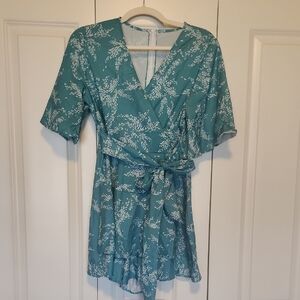 Teal Floral Wrap Romper with Waist Tie